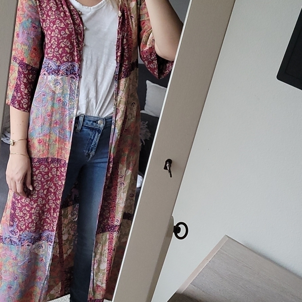 MAYDEN Los Angeles Boho Floral Patchwork Long Duster Kimono Vest Size Small - Picture 6 of 12